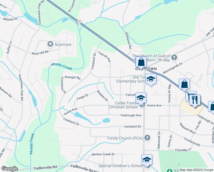 map of restaurants, bars, coffee shops, grocery stores, and more near 3964 Talcott Avenue in Winston-Salem