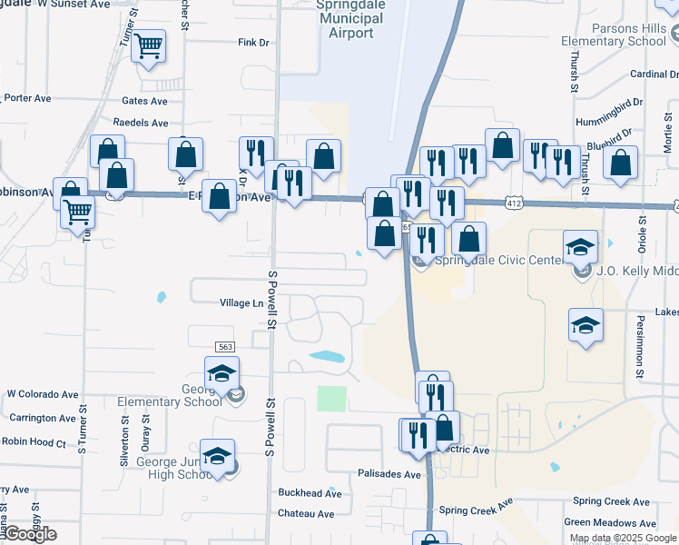 map of restaurants, bars, coffee shops, grocery stores, and more near 755 Oakridge Drive in Springdale