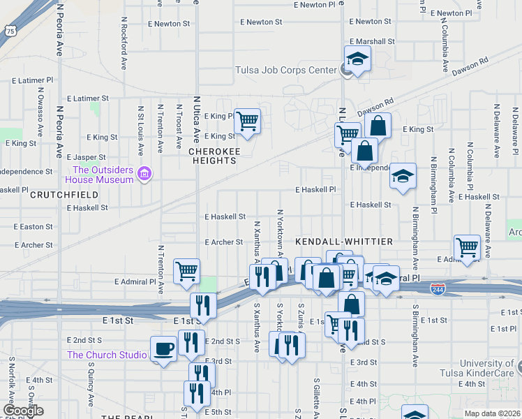 map of restaurants, bars, coffee shops, grocery stores, and more near 128 North Yorktown Avenue in Tulsa