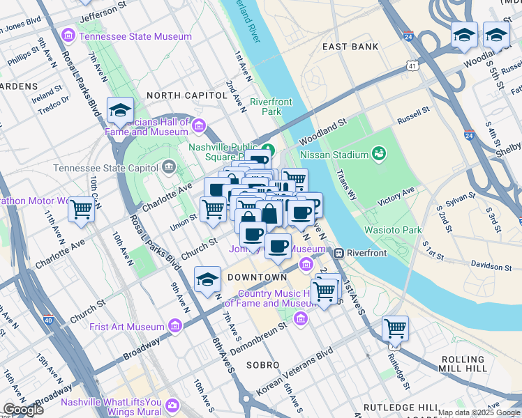 map of restaurants, bars, coffee shops, grocery stores, and more near 208 Printers Alley in Nashville