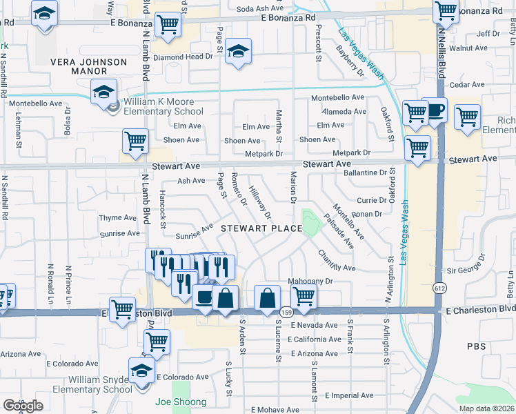 map of restaurants, bars, coffee shops, grocery stores, and more near 120 Romero Drive in Las Vegas