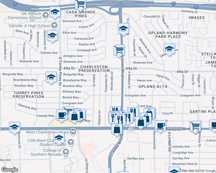 map of restaurants, bars, coffee shops, grocery stores, and more near 704 Monticello Drive in Las Vegas