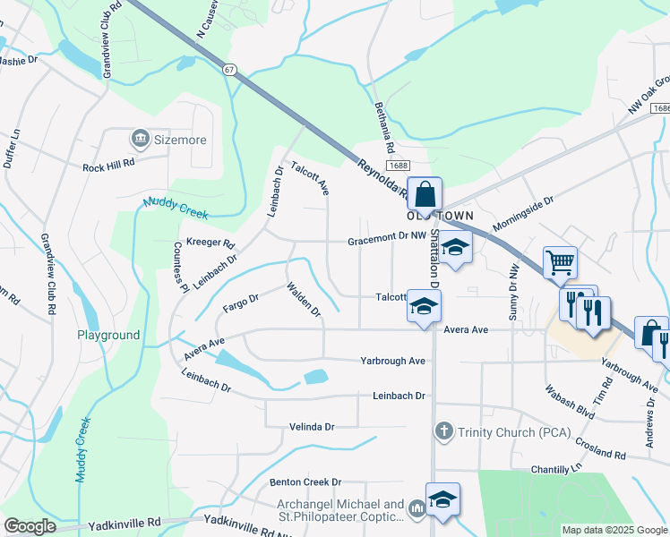 map of restaurants, bars, coffee shops, grocery stores, and more near 3963 Talcott Avenue in Winston-Salem
