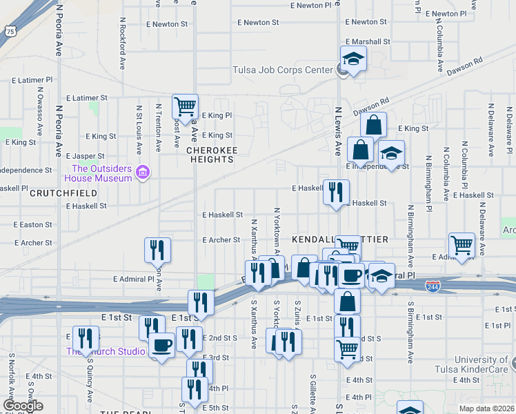 map of restaurants, bars, coffee shops, grocery stores, and more near 128 North Yorktown Avenue in Tulsa