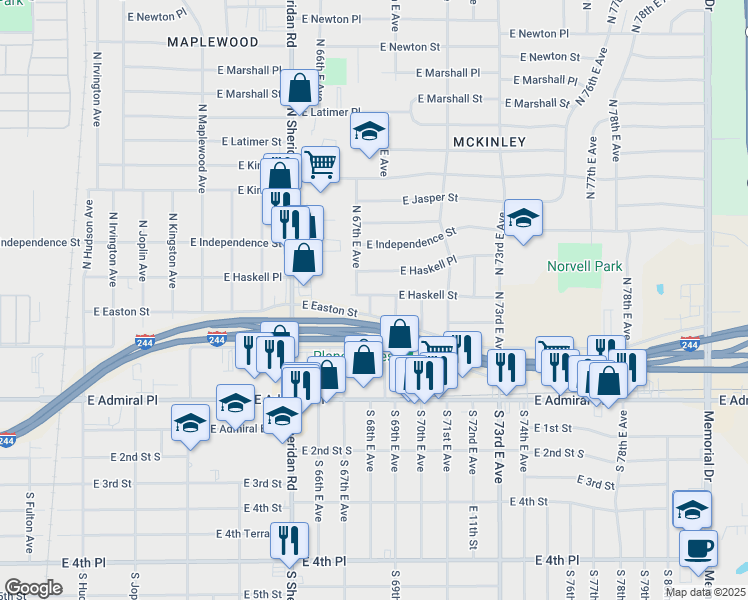 map of restaurants, bars, coffee shops, grocery stores, and more near 6804 East Haskell Street in Tulsa