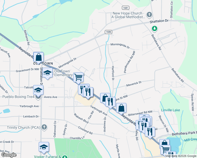 map of restaurants, bars, coffee shops, grocery stores, and more near 3640 Cheshire Woods Drive in Winston-Salem