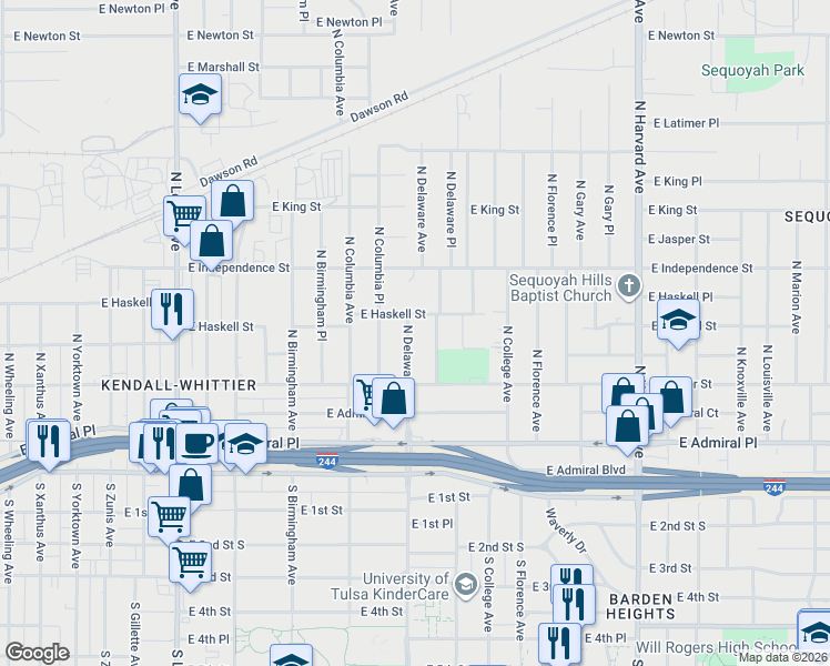 map of restaurants, bars, coffee shops, grocery stores, and more near 145 North Delaware Avenue in Tulsa