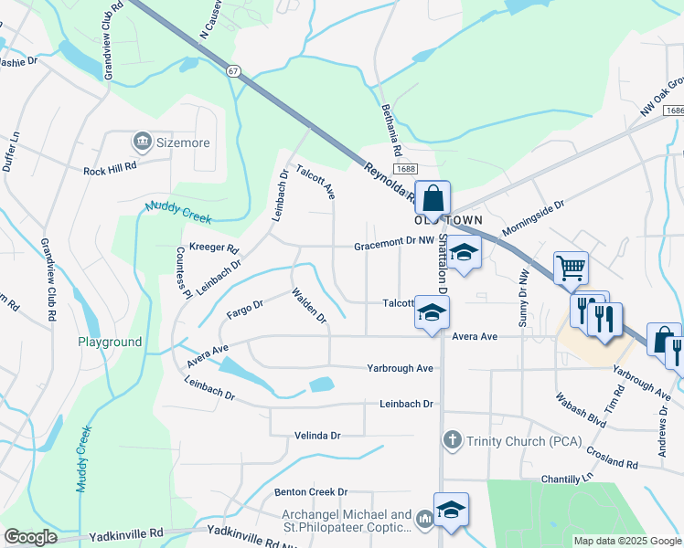 map of restaurants, bars, coffee shops, grocery stores, and more near 3963 Talcott Avenue in Winston-Salem
