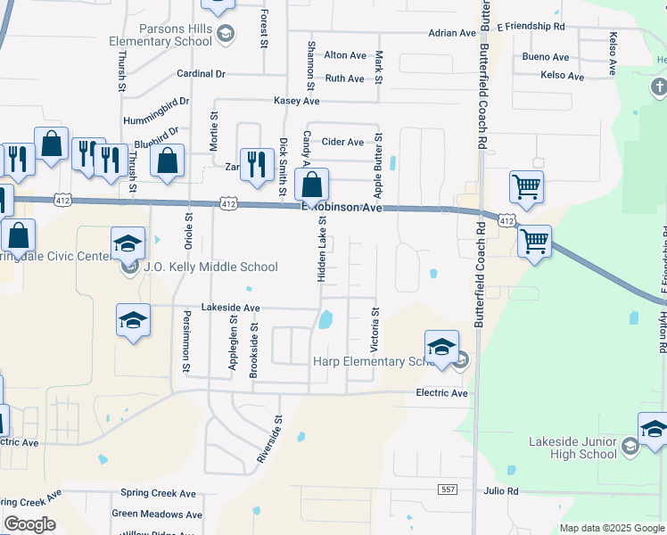 map of restaurants, bars, coffee shops, grocery stores, and more near 2324 Hidden Lake Street in Springdale