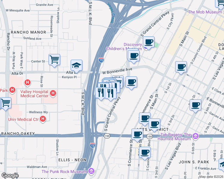 map of restaurants, bars, coffee shops, grocery stores, and more near 875 South Grand Central Parkway in Las Vegas