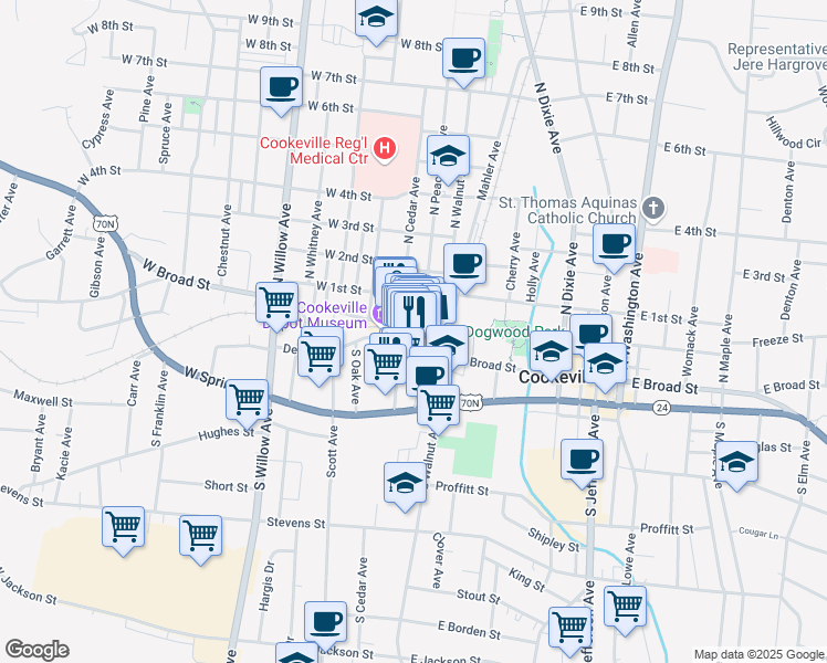 map of restaurants, bars, coffee shops, grocery stores, and more near 43 West Broad Street in Cookeville