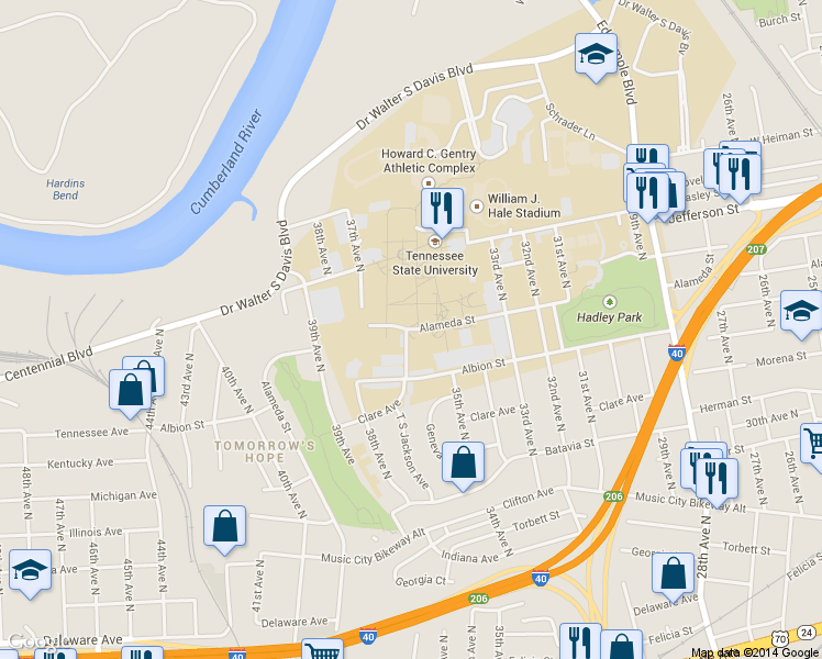 map of restaurants, bars, coffee shops, grocery stores, and more near Alameda St in Nashville
