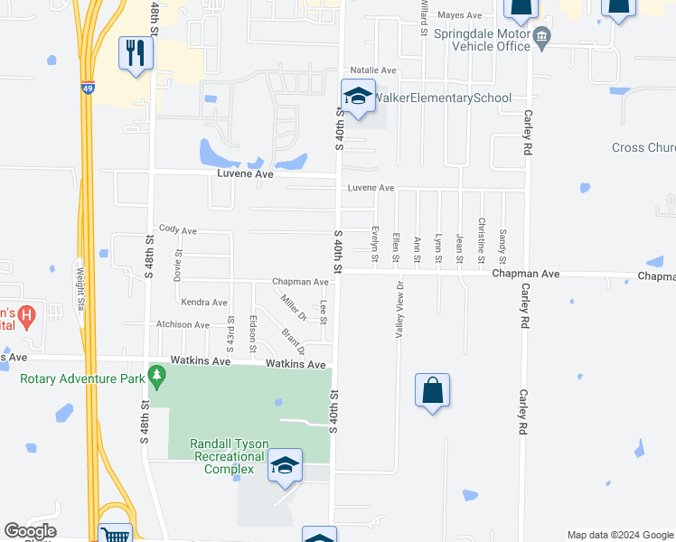 map of restaurants, bars, coffee shops, grocery stores, and more near 2351 South 40th Street in Springdale