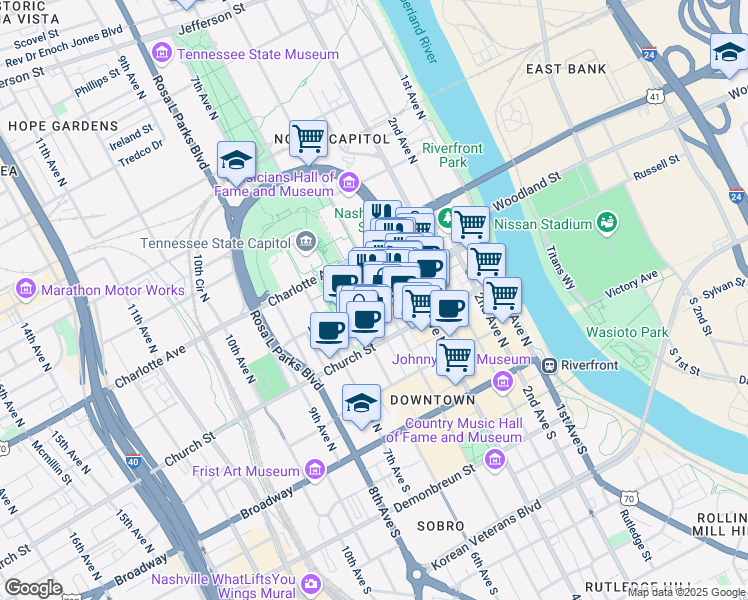 map of restaurants, bars, coffee shops, grocery stores, and more near 414 Union Street in Nashville