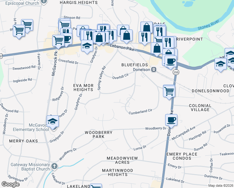 map of restaurants, bars, coffee shops, grocery stores, and more near 155 Spring Valley Road in Nashville