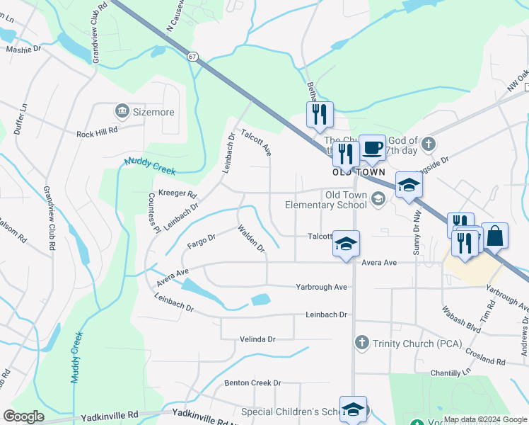 map of restaurants, bars, coffee shops, grocery stores, and more near 3964 Talcott Avenue in Winston-Salem