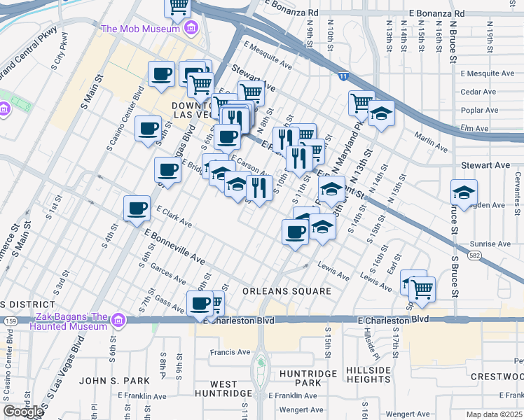 map of restaurants, bars, coffee shops, grocery stores, and more near 308 South 10th Street in Las Vegas