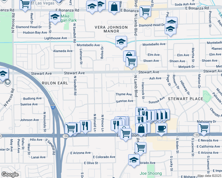 map of restaurants, bars, coffee shops, grocery stores, and more near 227 North Lamb Boulevard in Las Vegas