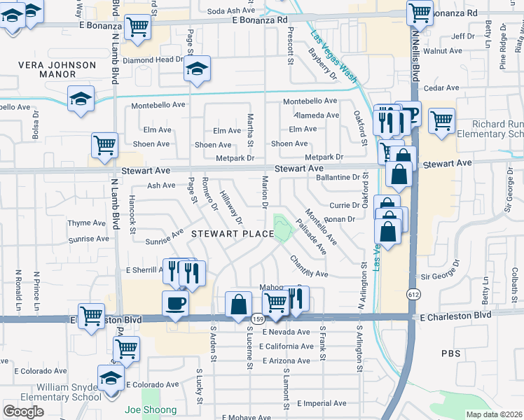 map of restaurants, bars, coffee shops, grocery stores, and more near 208 Marion Drive in Las Vegas
