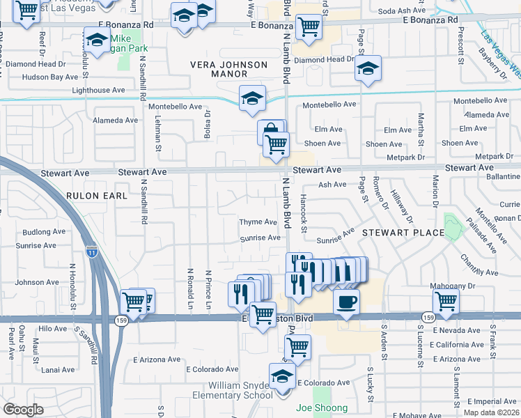 map of restaurants, bars, coffee shops, grocery stores, and more near 257 North Lamb Boulevard in Las Vegas