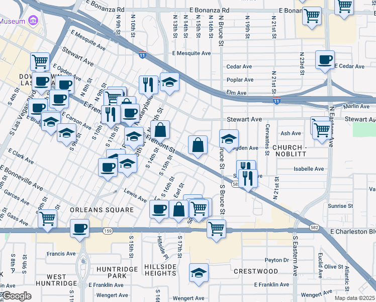 map of restaurants, bars, coffee shops, grocery stores, and more near 110 North 15th Street in Las Vegas