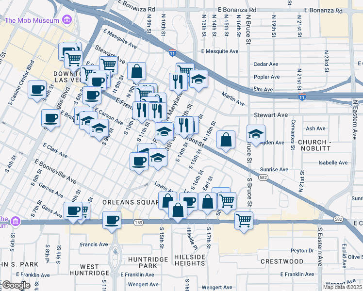 map of restaurants, bars, coffee shops, grocery stores, and more near 1308 East Fremont Street in Las Vegas