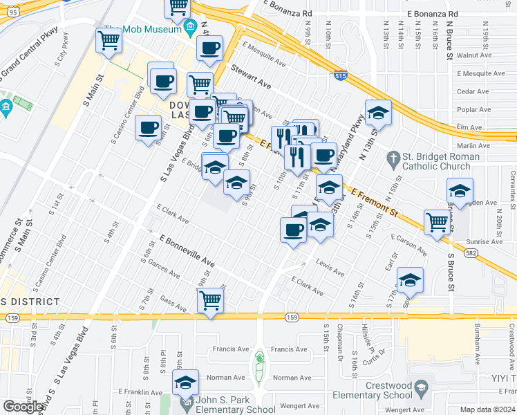map of restaurants, bars, coffee shops, grocery stores, and more near 223 South 9th Street in Las Vegas