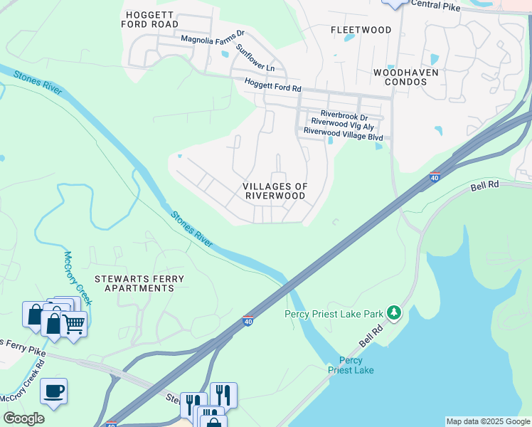 map of restaurants, bars, coffee shops, grocery stores, and more near 2124 River Overlook Drive in Nashville