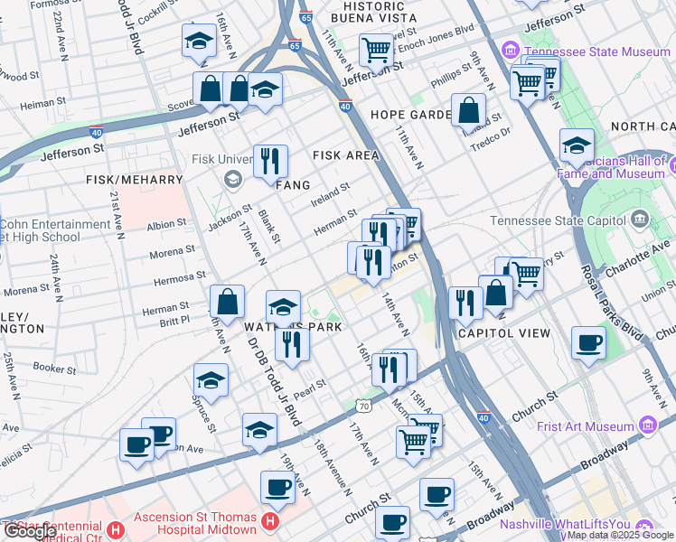 map of restaurants, bars, coffee shops, grocery stores, and more near 810 16th Avenue North in Nashville