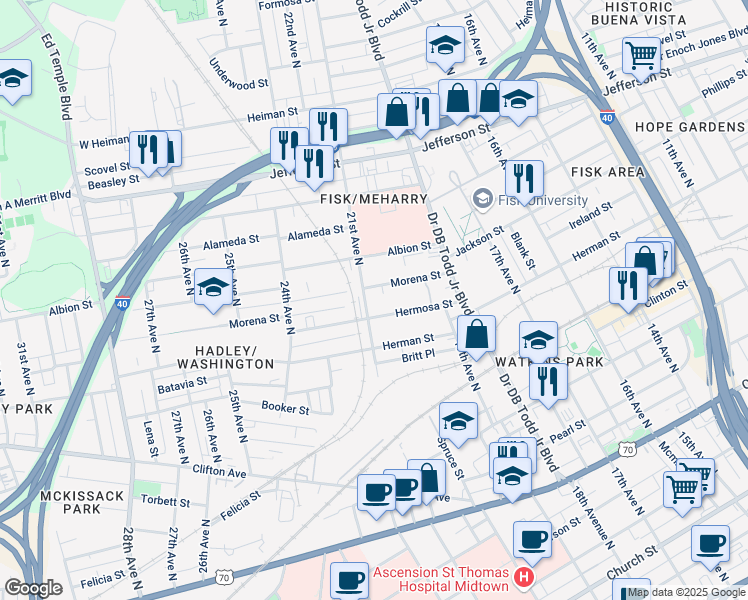 map of restaurants, bars, coffee shops, grocery stores, and more near 1912 Morena Street in Nashville
