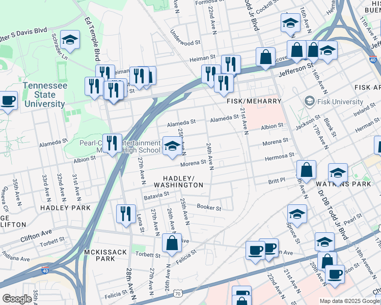 map of restaurants, bars, coffee shops, grocery stores, and more near 2421 Albion Street in Nashville