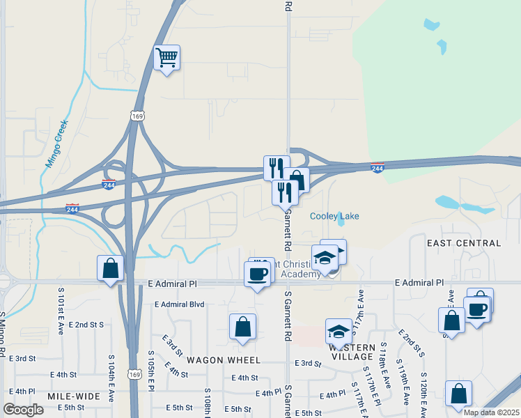 map of restaurants, bars, coffee shops, grocery stores, and more near 208 North 112th East Avenue in Tulsa