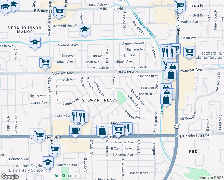 map of restaurants, bars, coffee shops, grocery stores, and more near 208 Marion Drive in Las Vegas