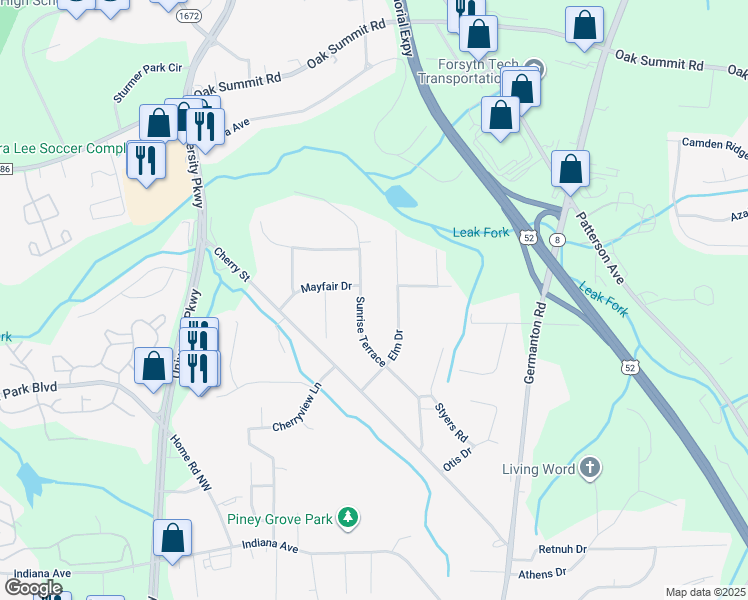 map of restaurants, bars, coffee shops, grocery stores, and more near 5205 Sunrise Terrace in Winston-Salem
