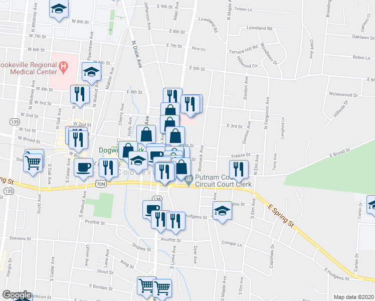 map of restaurants, bars, coffee shops, grocery stores, and more near 58 Davis Avenue in Cookeville