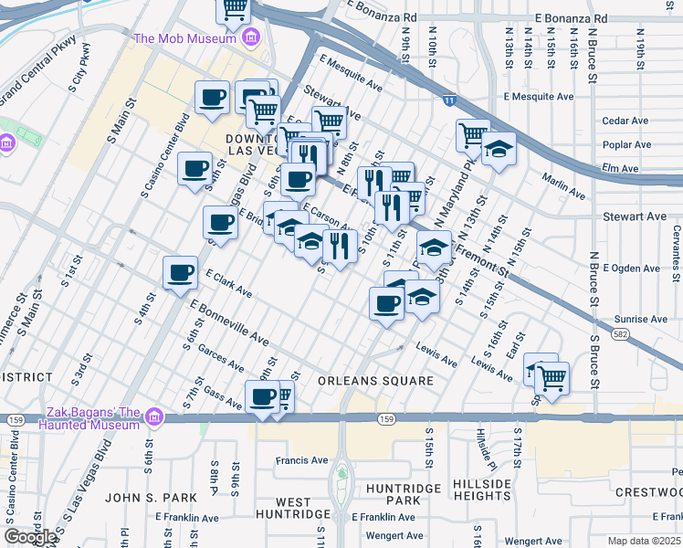 map of restaurants, bars, coffee shops, grocery stores, and more near 308 South 10th Street in Las Vegas