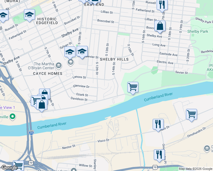 map of restaurants, bars, coffee shops, grocery stores, and more near 1309 Lenore Street in Nashville