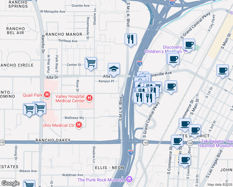 map of restaurants, bars, coffee shops, grocery stores, and more near 1524 Pinto Lane in Las Vegas