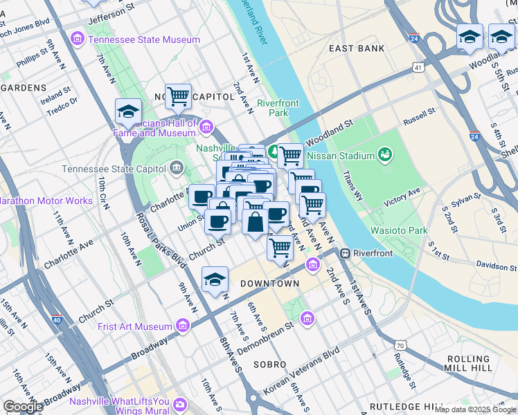 map of restaurants, bars, coffee shops, grocery stores, and more near 9 Arcade Alley in Nashville