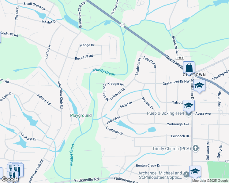 map of restaurants, bars, coffee shops, grocery stores, and more near 4500 Kreeger Road in Winston-Salem