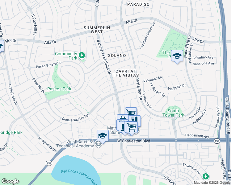 map of restaurants, bars, coffee shops, grocery stores, and more near Desert Foothills Dr in Las Vegas