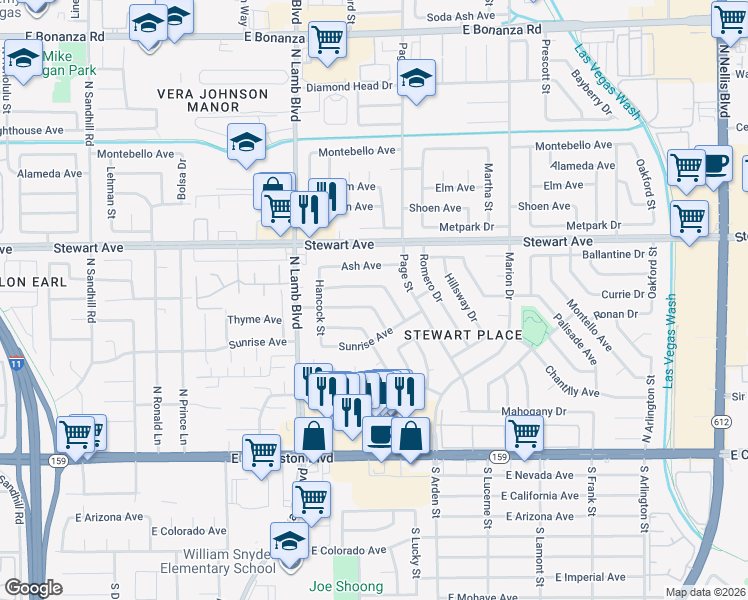 map of restaurants, bars, coffee shops, grocery stores, and more near 4505 East Ogden Avenue in Las Vegas