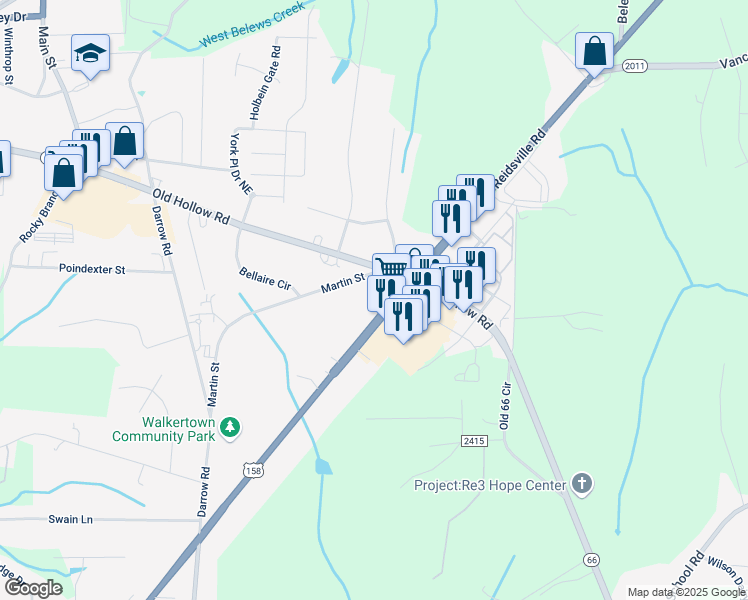 map of restaurants, bars, coffee shops, grocery stores, and more near 2816 Martin Street in Walkertown