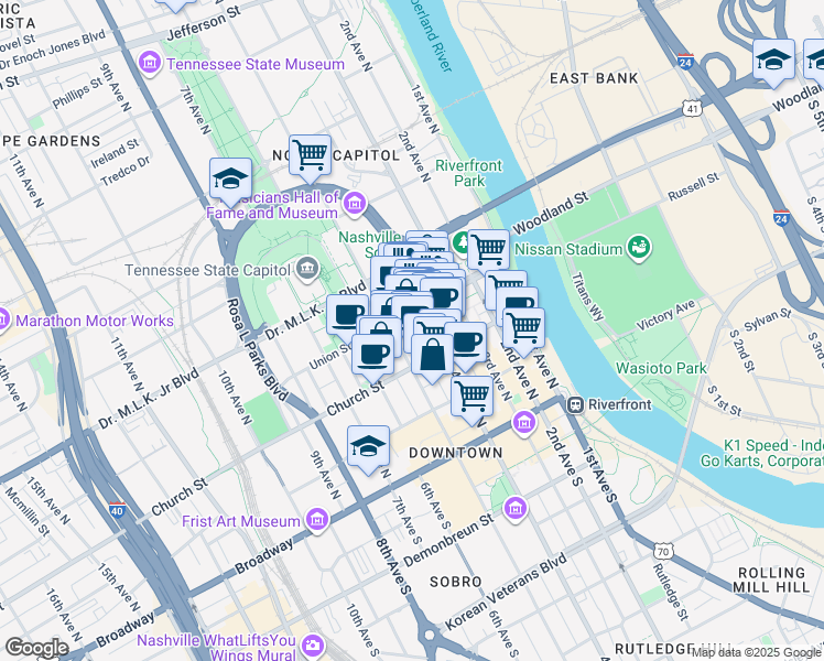 map of restaurants, bars, coffee shops, grocery stores, and more near 9 Arcade Alley in Nashville