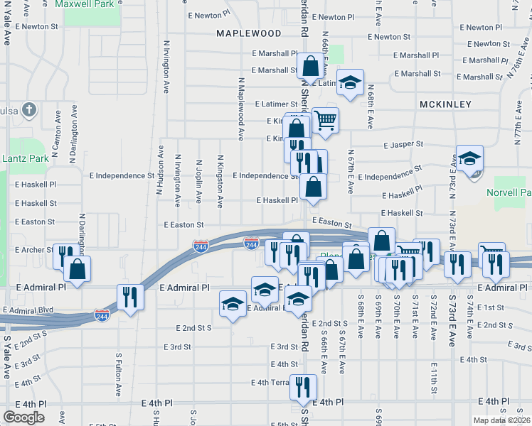 map of restaurants, bars, coffee shops, grocery stores, and more near 507 North Norwood Avenue in Tulsa