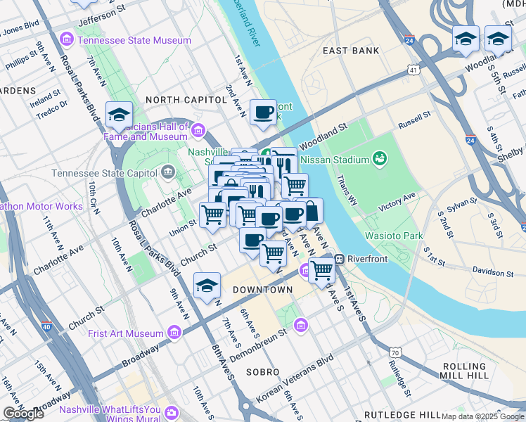 map of restaurants, bars, coffee shops, grocery stores, and more near 207 3rd Avenue North in Nashville