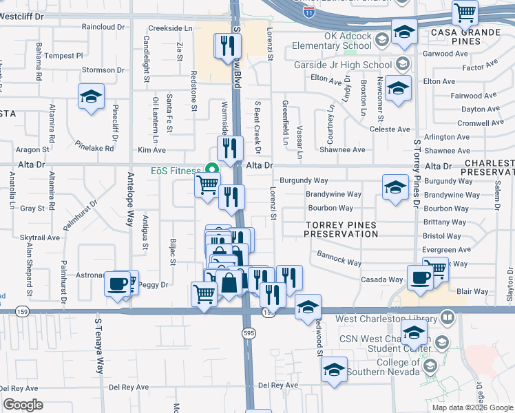 map of restaurants, bars, coffee shops, grocery stores, and more near 6737 Bremerton Circle in Las Vegas