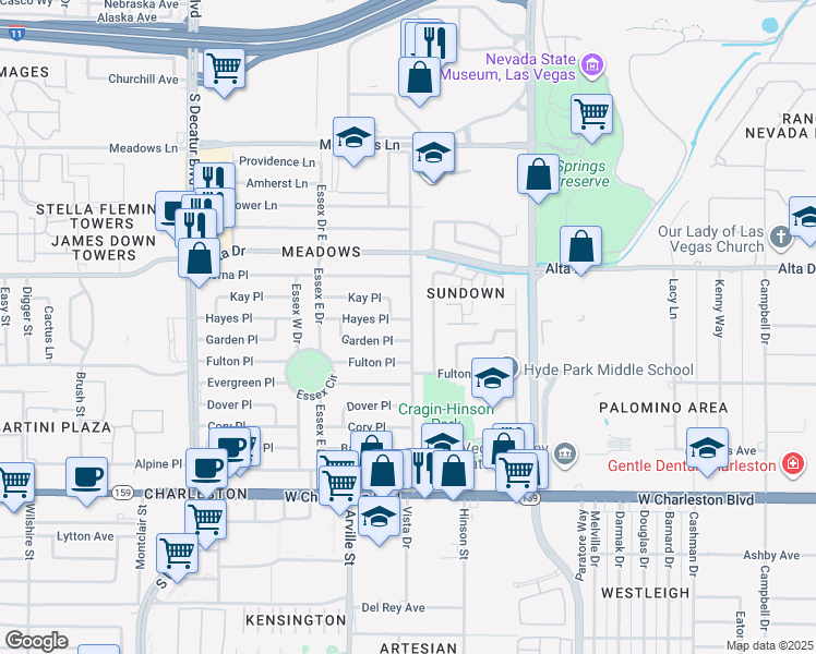 map of restaurants, bars, coffee shops, grocery stores, and more near 525 Bedford Road in Las Vegas