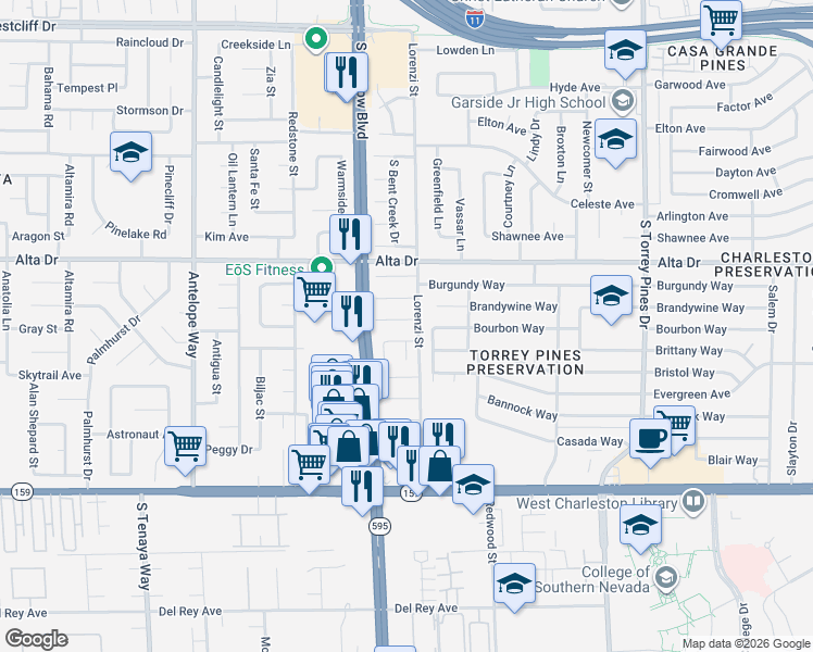 map of restaurants, bars, coffee shops, grocery stores, and more near 600 Lorenzi Street in Las Vegas