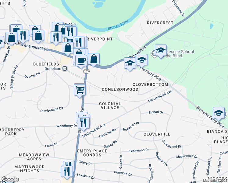 map of restaurants, bars, coffee shops, grocery stores, and more near 124 Donelsonwood Drive in Nashville